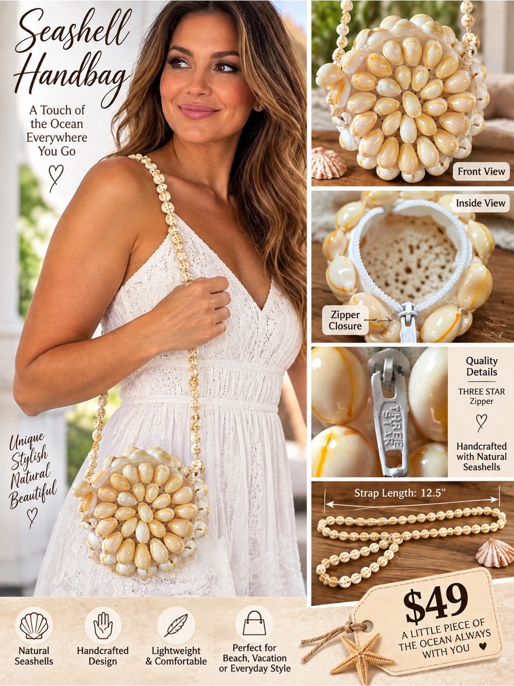 Handmade Seashell Handbag - Cream Seashell Crossbody